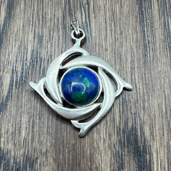 Vintage Kenneth Kantro Azurite Malachite Dolphin Pewter Pendant - Picture 1 of 9